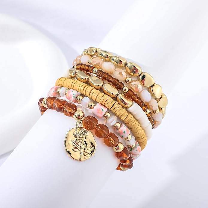 GOOJIDS Surfer Heishi Clay Bead Bracelets for Women Bohemian Stackable Gold Plated Beaded Stretch Bracelets Elastic Layering Friendship Bracelets Set Boho Jewelry