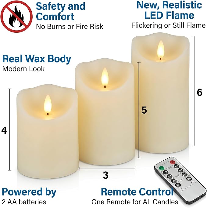 VENTA Set of 3 Warm Ivory Pillar Candles | Real Wax Battery Operated Candles - Image 2