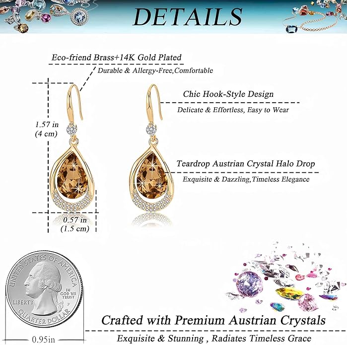 Austrian Crystal Halo Teardrop Hollow Drop Dangle Earrings for Women 14K Rose Gold Plated Hypoallergenic Jewelry Gifts