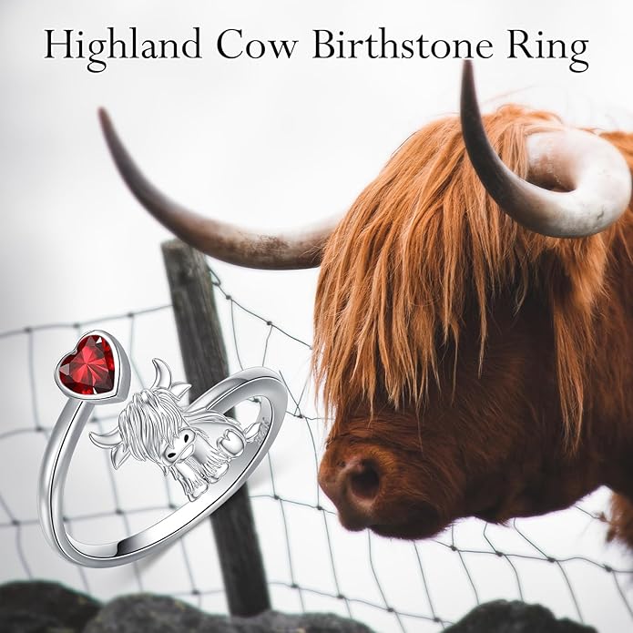 Highland Cow Ring 925 Sterling Silver Adjustable Ring Birthstone Ring Engraved Name Highland Cow Gifts Jewelry for Women