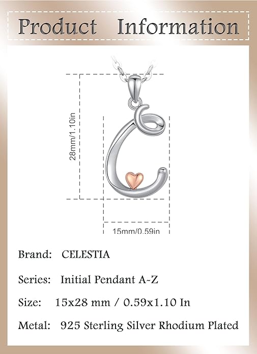 CELESTIA 925 Sterling Silver Initial Necklaces 26 Letter with Rose Gold Heart - 18 Inch Chain