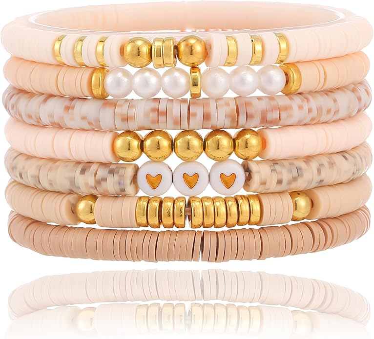 Friendship Bracelets Trendy Heishi Clay Bead Bracelets Stack Gold Beaded Stretch Bracelets for Women Boho Stackable Bracelets Bulk Cute Preppy Jewelry