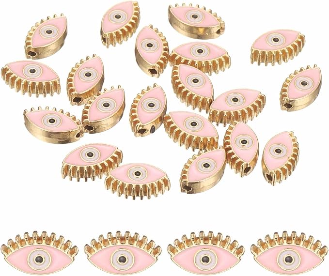 MECCANIXITY 20 Pcs Eye Shaped Evil Eye Beads Colorful Flat Loose Spacer Evil Eye Charms for DIY Bracelet Earrings Necklace Crafts Jewelry Making, Pink