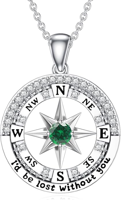 Compass Birthstone Necklace Gift for 2025 Graduation 925 Sterling Silver Compass ‘I'd be Lost Without You’ Pendant Necklaces Jewelry for Women Her Wife Gift for Birthday Anniversary