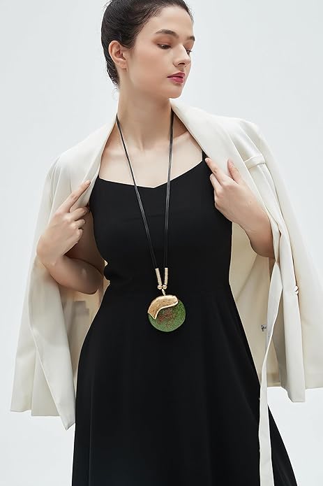 GelConnie Leather Necklace for Women Large Pendant Long Brown Necklace Circle Leather Choker Vintage Sweater Necklace Gold Chunky Boho Necklaces for Women