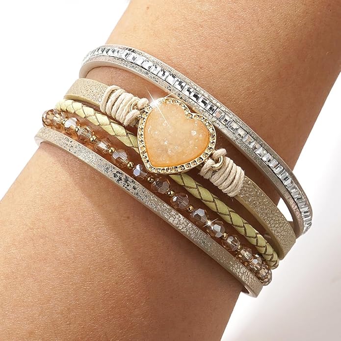Suyi Multilayer Leather Wrap Bracelet Heart-Shape Wide Cuff Bracelets for Women