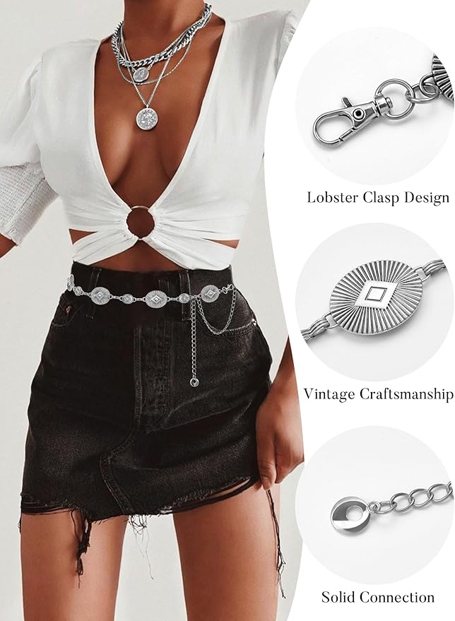FIORETTO Metal Waist Chain Link Belt for Women Western Cowgirl Boho Turquoise Belts for Dress Jeans Country Concert Outfit