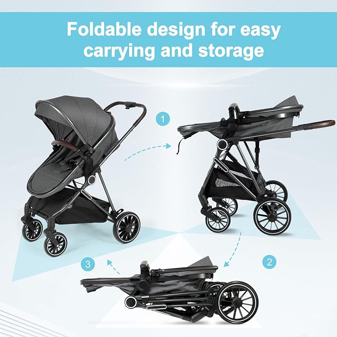 ANNA QUEEN 2 in 1 Baby Stroller,Folding High Landscape Infant Stroller,Reversible Pram, Convertible Pushchair for Infants and Newborns 0-36 Months