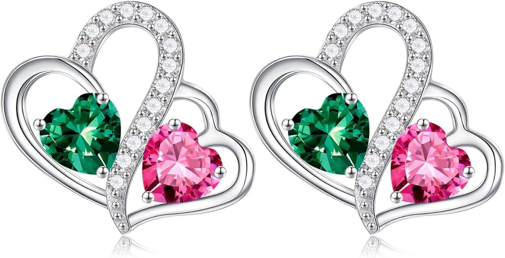 Iefil Valentines Day Gifts for Her - Birthstone Earrings Gift for Women, 925 Sterling Silver Double Heart Birthstone Earrings | Anniversary Birthday Gifts for Women, Personalized Jewelry for Wife Mom
