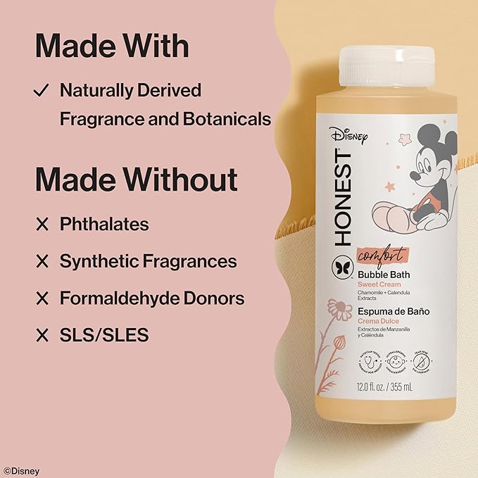 The Honest Company Foaming Bubble Bath | Gentle Enough for Baby | Dermatologist Tested, Tear-Free, Hypoallergenic | Disney’s Mickey Mouse Comfort Sweet Cream, 12 fl oz