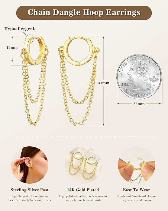 Tassel Chain Small Gold Hoop Dangle Earring For Women Huggie Earring Heart Star CZ 14K Gold Plated Fashion Jewelry Friendship Gift