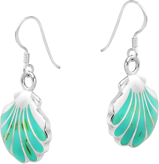 AeraVida Ocean Inspired Beach Style Seashell Shaped .925 Sterling Silver with Simulated Green Turquoise Inlays Boho Chic Fishhook Dangle Earrings