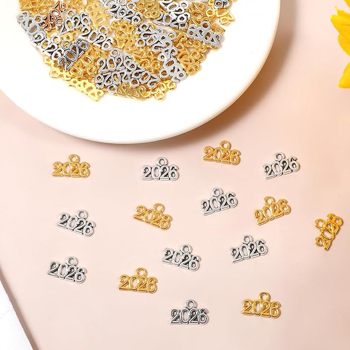 Larrel 140 Pcs 2026 Charms for Crafts, Alloy 2026 Charms for Ornaments, 1.4×0.9cm/0.56×0.36in Mini Letter Charm for Jewelry Making DIY Graduation Tassel Charm Supplies(Gold, Silver)