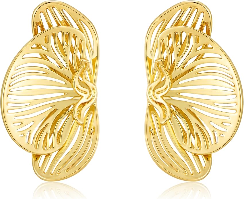 Gold Statement Stud Earrings for Women – 18K Gold Plated Abstract Hollow Leaf Earrings, Chunky Fan Shell Post Studs, Vintage Polished Cutout Flower Jewelry Gift