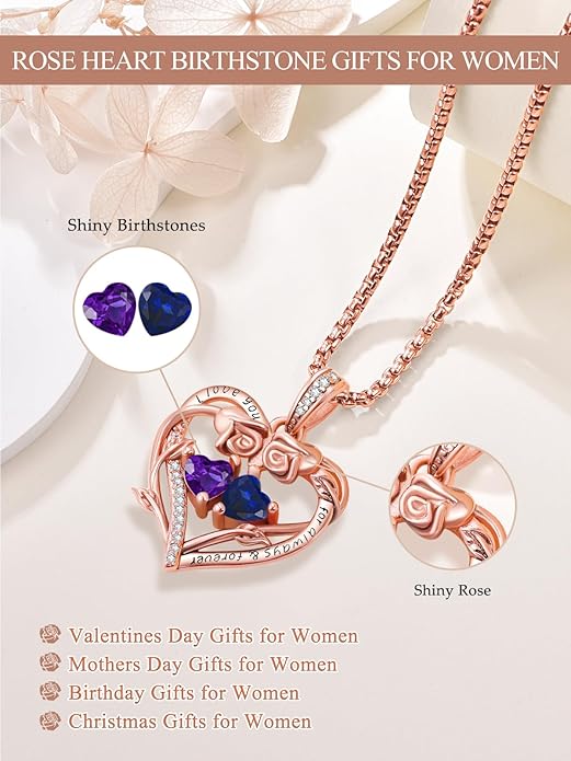 Rose Heart Necklaces for Women, Rose Gold Forever Love Jewelry with 2 Birthstones Pendant,Valentines Anniversarry Birthday Gifts for Her Wife Mom Grandma Daughter, 18+2 Inch Chain