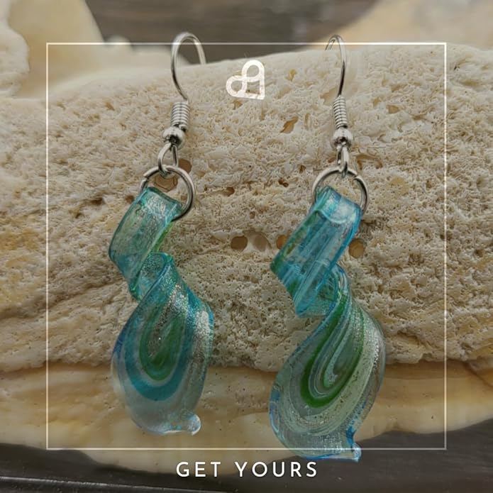 Handmade Murano Inspired Gorgeous Artist Made Twist Blue Glass Earrings Handcrafted Blown Hypoallergenic Artisan Lampwork Italian Style Jewelry Aqua