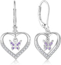 Butterfly Birthstone Heart Dangle Drop Earrings, 925 Strlings Silver 5A Cubic Zircon Leverback Earrings Jewelry Anniversary Birthday Gifts for Women