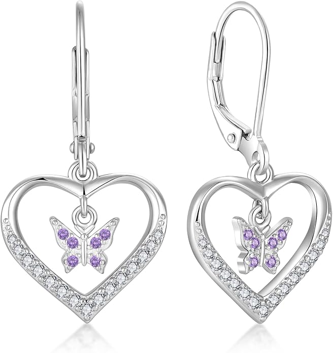Butterfly Birthstone Heart Dangle Drop Earrings, 925 Strlings Silver 5A Cubic Zircon Leverback Earrings Jewelry Anniversary Birthday Gifts for Women