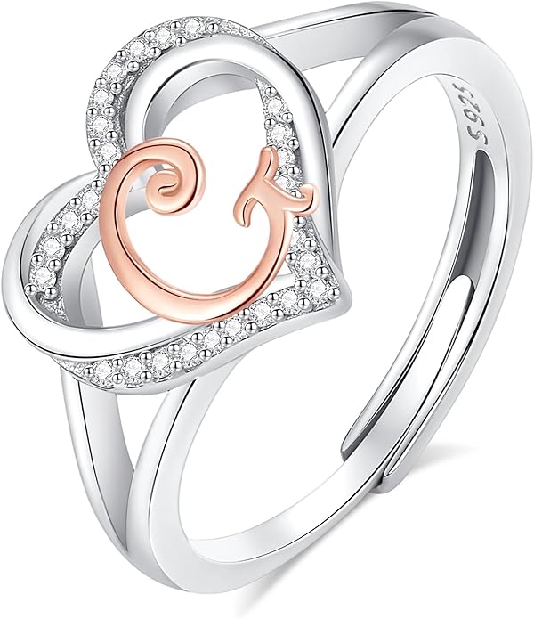 INFUSEU 925 Sterling Silver Initial Heart Ring for Women Girls, Adjustable Size