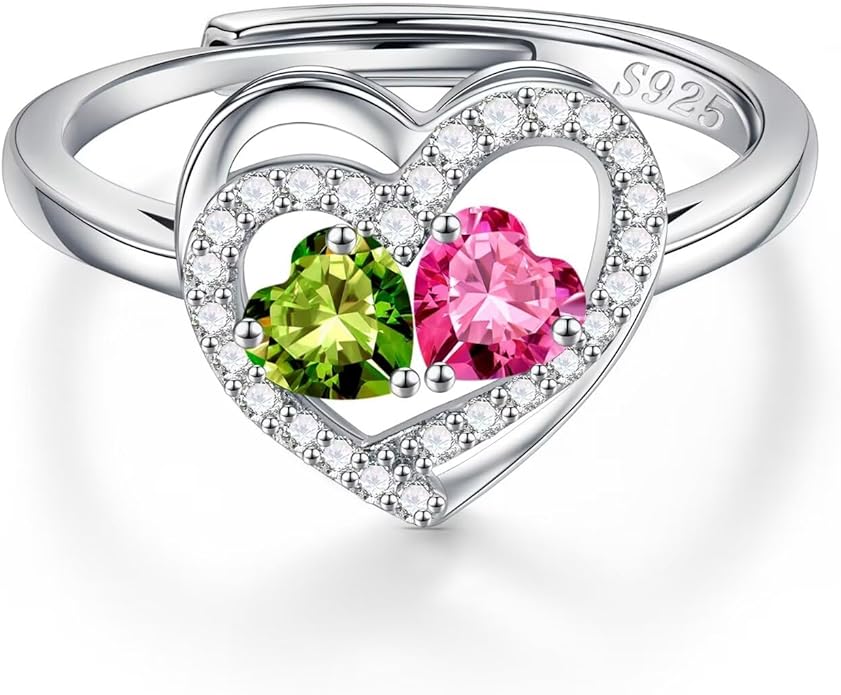 Iefil Adjustable Ring for Women - 925 Sterling Silver Double Birthstone Rings, Anniversary Birthday Gifts for Women Wife Her