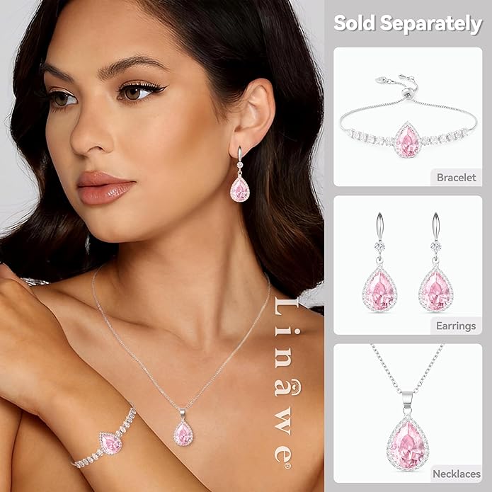 Linawe Crystal Chain Necklace for Women Trendy, Imitation Diamond Pendant, Statement Cubic Zirconia Boho Jewelry Set, 14K Gold/Rose Gold/Silver Birthstone Necklace