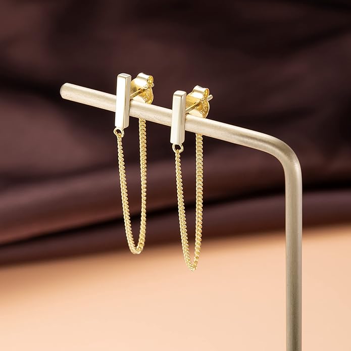 Reffeer Solid 925 Sterling Silver Stud Earrings Minimalist Bar Earrings with Chain Dangle Earrings For Women