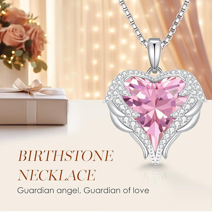 CDE Valentines Day Gifts for Women Angel Wings Necklace for Women with Birthstone, Love Heart Silver Tone/Gold Tone Pendant, Ideal Anniversary or Birthday Jewelry Gifts for Wife Girlfriend Her