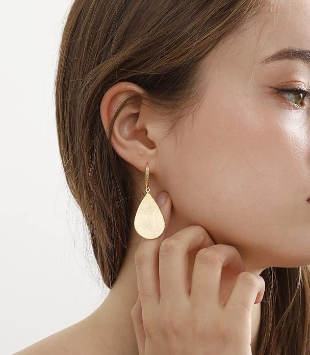 OZEL Gold Dangle Earrings for Women Brushed Finish, Matte Gold Statement Jewelry, 14k Gold Plated
