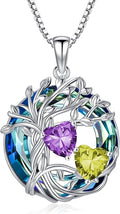TOUPOP s925 Sterling Silver Family Celtic Tree of Life Pendant Necklaces with 2 Heart Birthstone with Blue Austrian Crystal Jewelry Birthday Valentines Day Gifts for Her, Anniversary Christmas Gifts for Wife Girlfriend Mom (18K Real White Gold Filled)