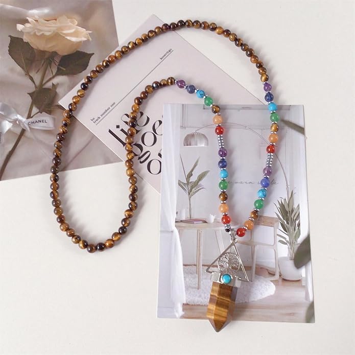 EDEN'S CALL Tree of Life 7 Chakra Stone Beads Necklace for Women and Men Hexagonal Crystal Point Pendant Necklace