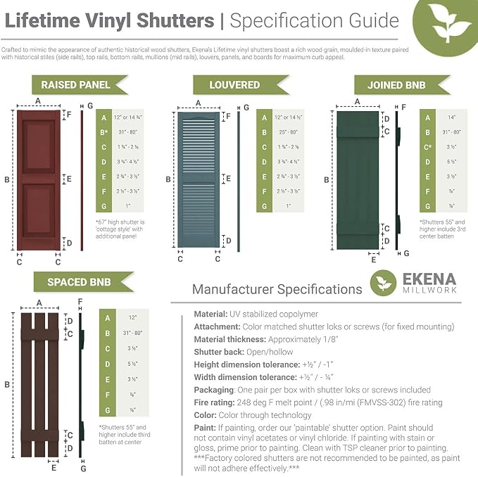 12"W x 39"H Lifetime Vinyl, Standard Two Equal Panels, Raised Panel Shutters - Image 11