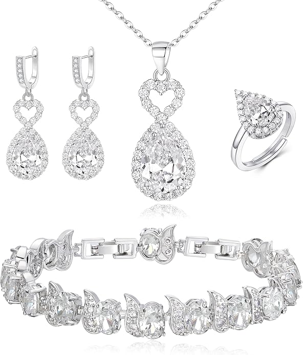 BriLove Wedding Jewelry Set for Women Bride Bridesmaid, Gorgeous Cubic Zirconia Teardrop Necklace Earrings Bracelet Adjustable Ring Jewelry Gift for Birthday/Anniversary/Mother’s Day