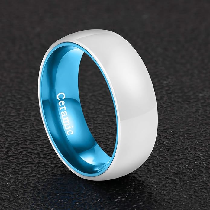 POYA White Ceramic Ring 6mm 8mm Wedding Band for Men Women Inlay Anodized Aluminum Liner Comfort Fit