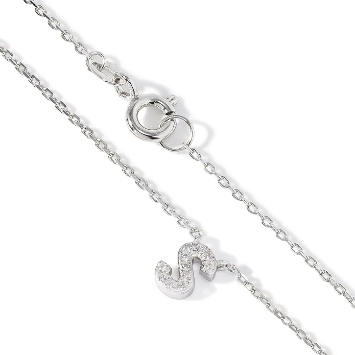 JTV Sterling Silver Initial Necklace for Women, 0.13 CTW White Cubic Zirconia Letter Pendant, Rhodium-Plated, Personalized Monogram Jewelry, Gift Box Included, 18”