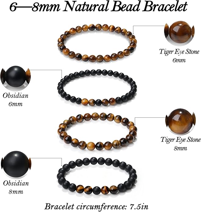 XIANNVXI Natural Stone Beads Bracelet for Men Crystal Bracelets 8MM Tiger Eye Lava Rock Obsidian Beaded Bracelet Set Black/Red/Blue Crystal Beaded Bracelets for Men