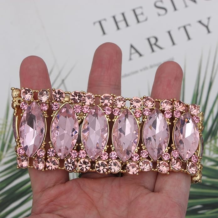 Women’s Elegant Wedding Bridal Crystal Double Row Marquise-Shape Leaf Stretch Bangle Bracelet Bride Jewelry for Women