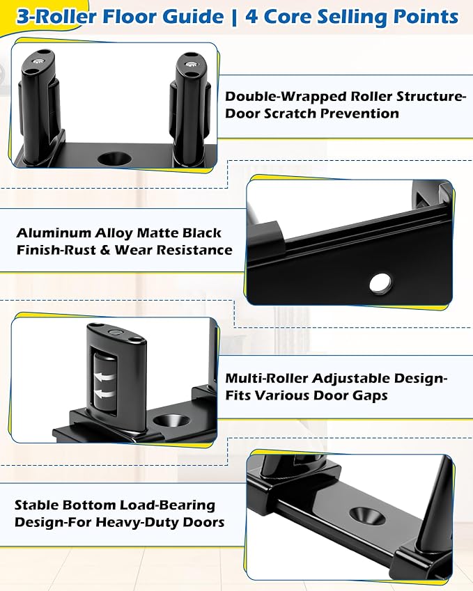 3-Roller Adjustable Sliding Closet Door Floor Guide Upgrade Kit, Double Bypass - Image 3