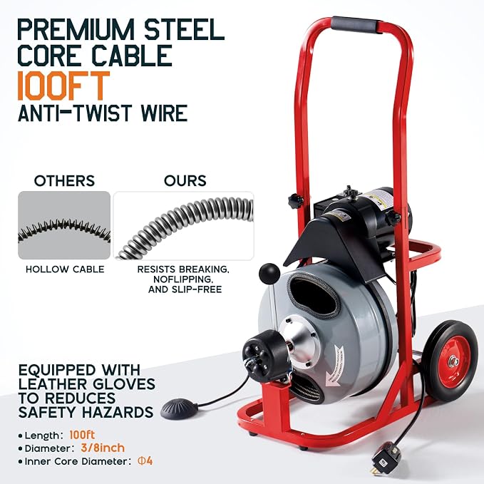 Albott 100 FT x 3/8 Inch Electric Drain Cleaner Machine | Auto-Feed Sewer Snake - Image 4