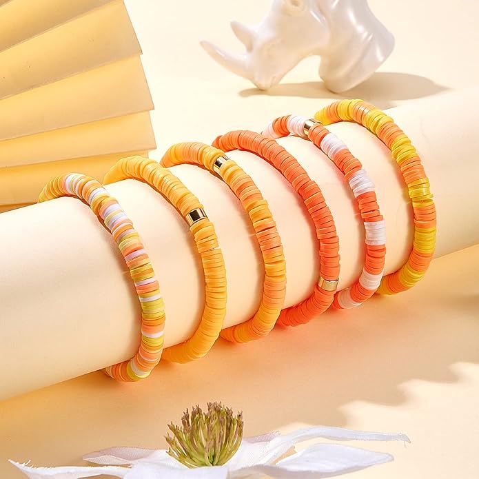 Ornaland 6 Pcs/Set Heishi Surfer Bracelets Set 6mm Polymer Clay Heishi Beads Stretch Bracelets Bohemia Summer Beach Jewelry for Women (Dark Orange)