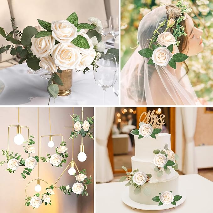 AmyHomie Champagne Rose 25pcs Real Looking Artificial Flowers w/Stem | Bouquet - Image 6