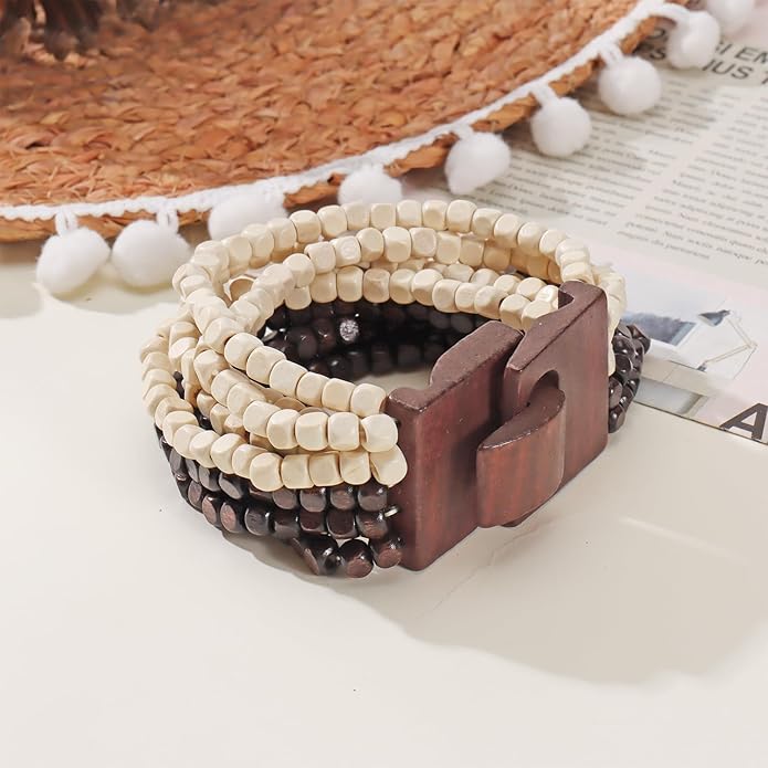 Coiris Boho Bangle Bracelets for Women Wooden Beaded Bracelets Chunky Bohemian Beach Bracelets Jewelry for Women