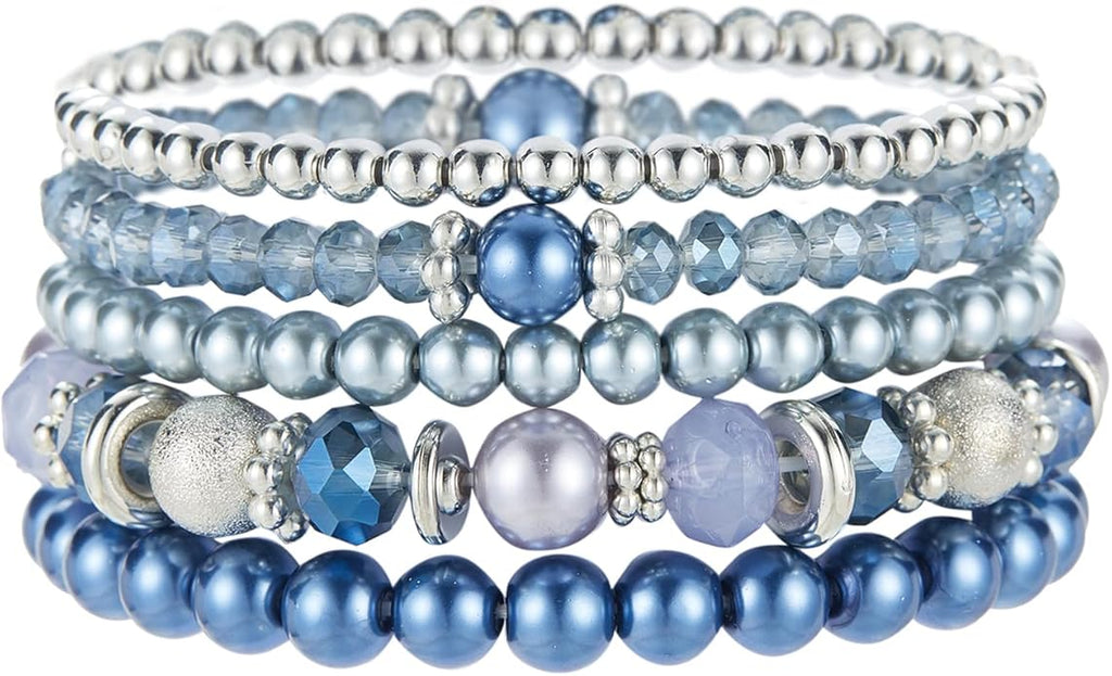 Noessla Beaded Pearl Stretch Bracelet Silver Stackable Crystal Beads Bracelets Trendy Costume Jewelry Mothers Day Gifts for Women