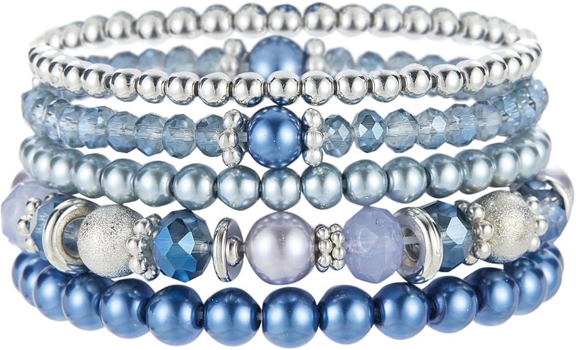Noessla Beaded Pearl Stretch Bracelet Silver Stackable Crystal Beads Bracelets Trendy Costume Jewelry Mothers Day Gifts for Women