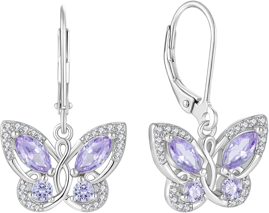 Starchenie Butterfly Earrings for Women 925 Sterling Silver Leverback Earrings Birthstone Butterfly Jewelry Gifts