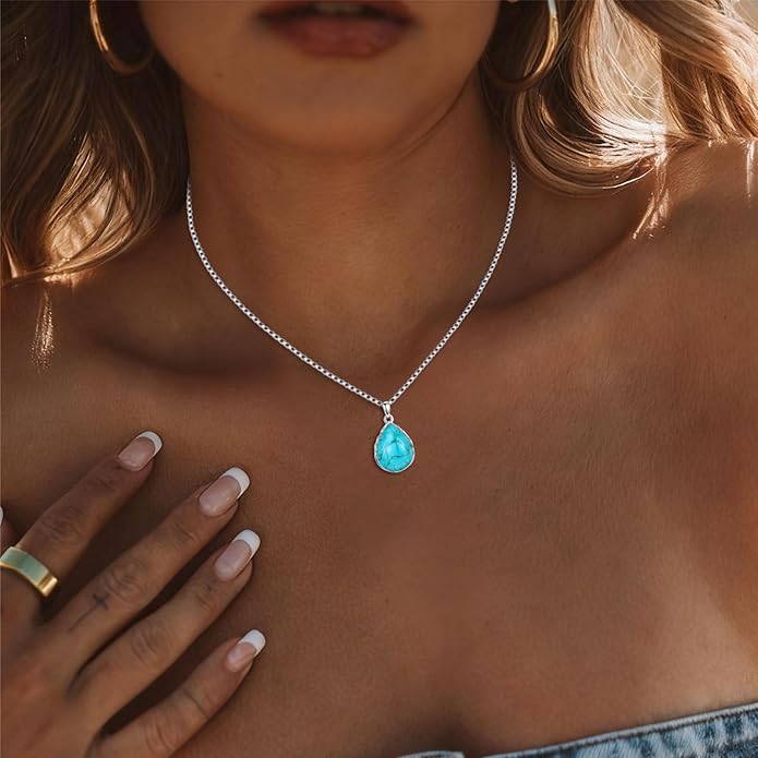 Genuine Turquoise Teardrop Necklace,925 Sterling Silver Native American Boho Western Dainty Pendant Real Gemstone Jewelry Birthdays Gift for Women Minimalist Lover