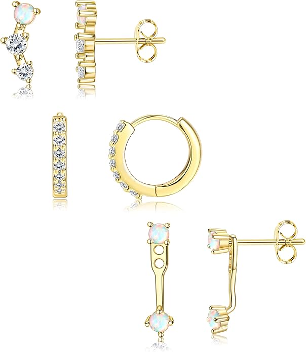 FIASASO 3 Pairs 925 Sterling Silver Hypoallergenic Earrings for Women Trendy - 14K Gold Plated Stud Hoop Cartilage Earrings Set Small Earring Stacks for Sensitive Ears Non Tarnish Dainty Silver Earring