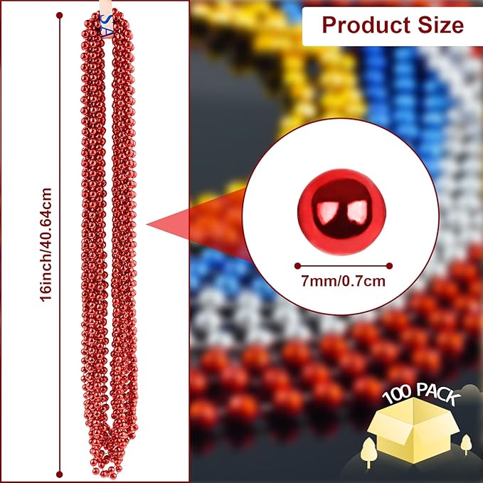 ZYFLSQ 100 Pcs 33" 7mm Metallic Red Mardi Gras Beads Necklaces Bulk, Valentine Beaded Necklaces, Party Beads for Carnival Valentines Patriotic Day Christmas Party Favors Decorations (Red)
