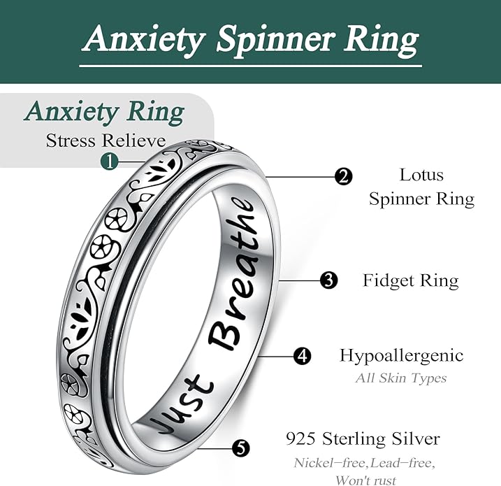 Ladytree Anxiety Relieve Rings 925 Sterling Silver Spinner Fidget Ring Worry Stress Relieving Boredom ADHD Autism Ring Platinum Plated Jewelry Birthday Gifts for Women Men