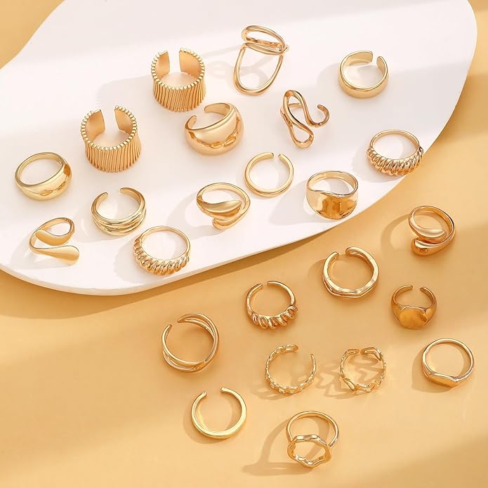 Chunky Gold Rings for Women Rhinestone Stackable Knuckle Ring Set Open Adjustable Statement Ring Set Dainty Crown Cross Midi Rings Fashion Jewelry Gift for Women