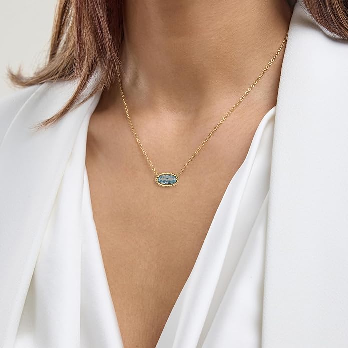 Belacqua Gemstone Necklace in 14K Gold Plated Sterling Silver, Oval Pendant Size 6 * 12mm, 15" Cable Chain with 2" Extender, Spring Ring Clasp, Dainty Birthstone Necklace for Women, Gift Box Included